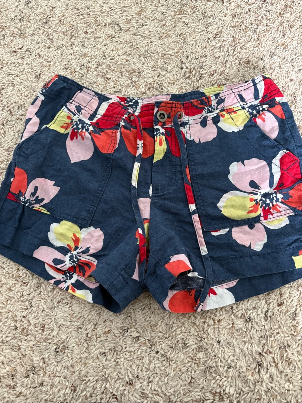 Gap Blue Multicolor Floral Linen Blend Shorts Lightweight Button Zip Size 4